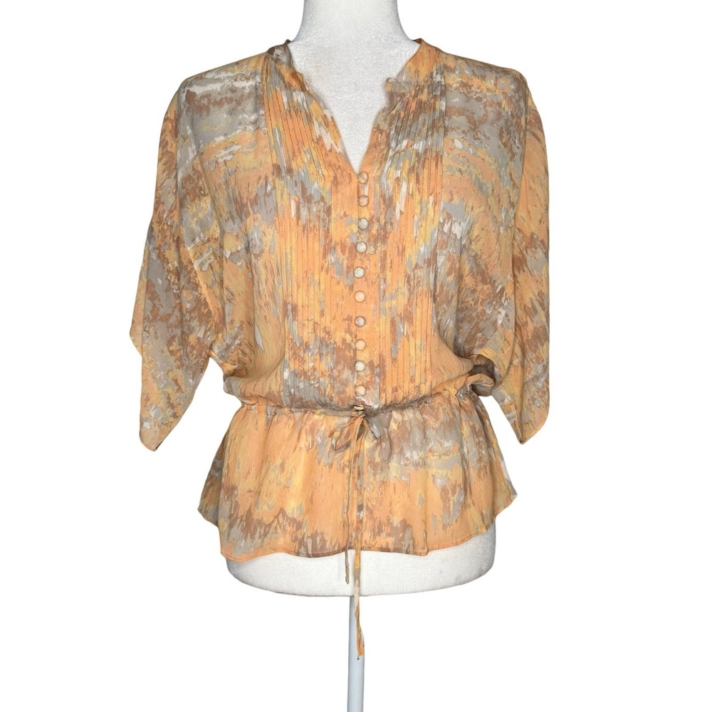 Banana Republic S‎ 100% Silk Blouse Semi Sheer Cinch Waist Tie Peplum Beachy